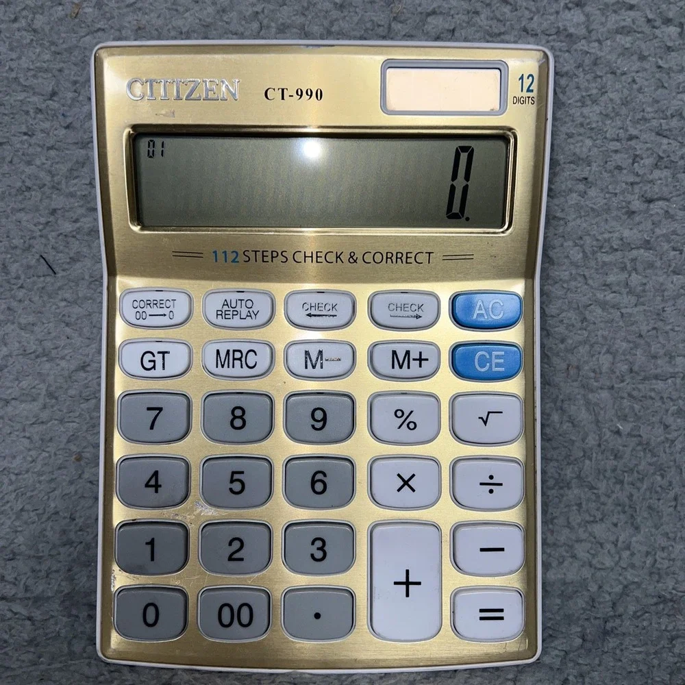 VTG Citizen CT-990 Desktop Calculator Gold 12 Digits Check Correct Solar Battery